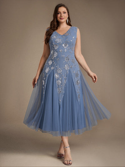 Plus Size Beading Floral Sequin Wedding Guest Dress
