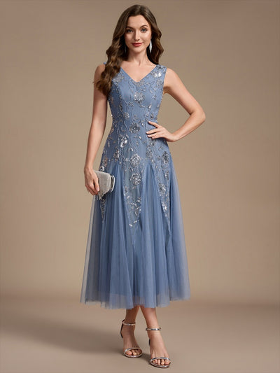 Beading Floral Sequins Sleeveless Wedding Guest Dress