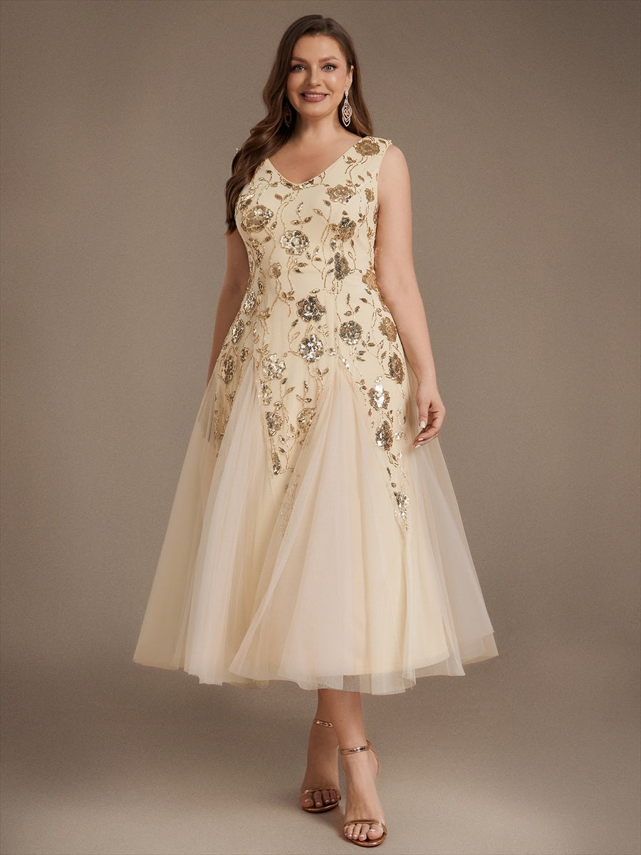 Beading Floral Sequins Sleeveless Wedding Guest Dress #color_Gold