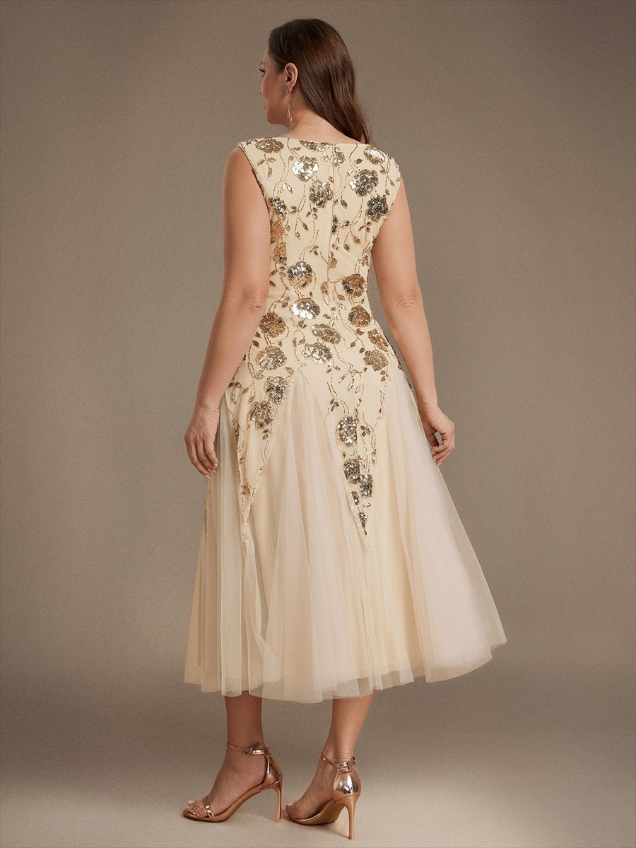Beading Floral Sequins Sleeveless Wedding Guest Dress #color_Gold