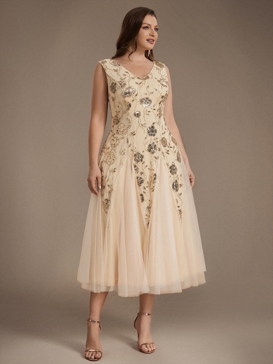 Plus Size Beading Floral Sequin Wedding Guest Dress #color_Gold