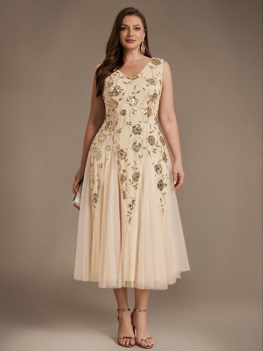 Beading Floral Sequins Sleeveless Wedding Guest Dress #color_Gold