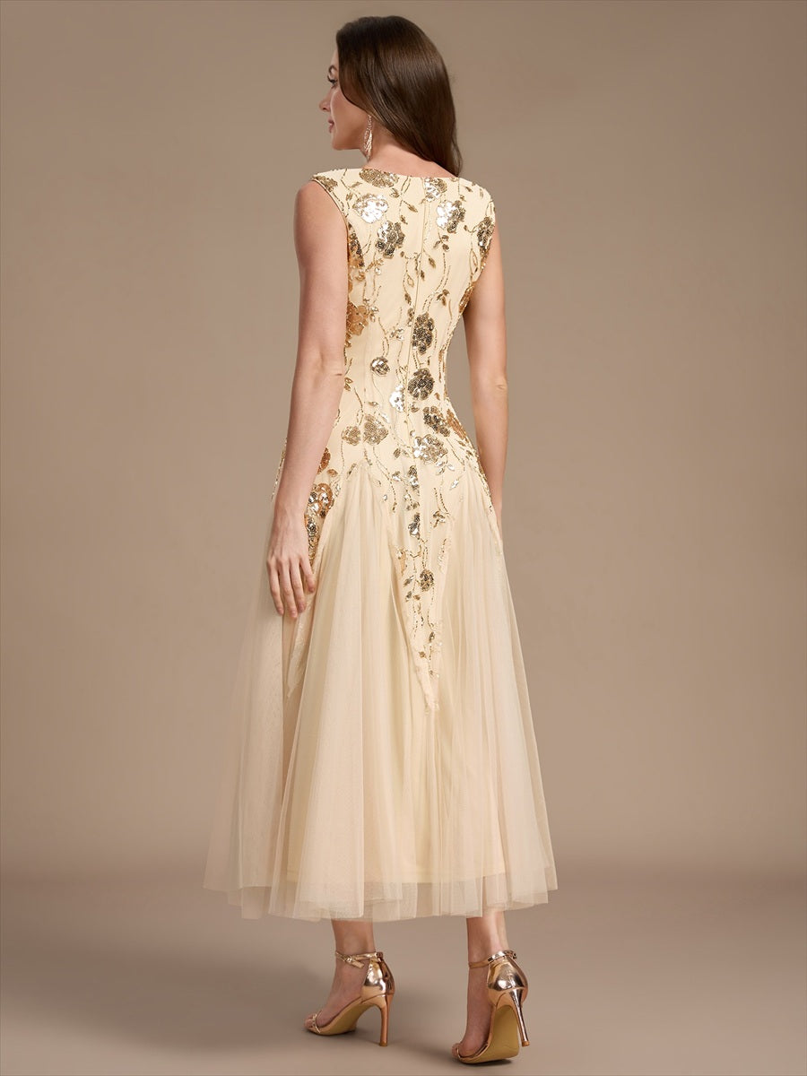 Beading Floral Sequins Sleeveless Wedding Guest Dress #color_Gold