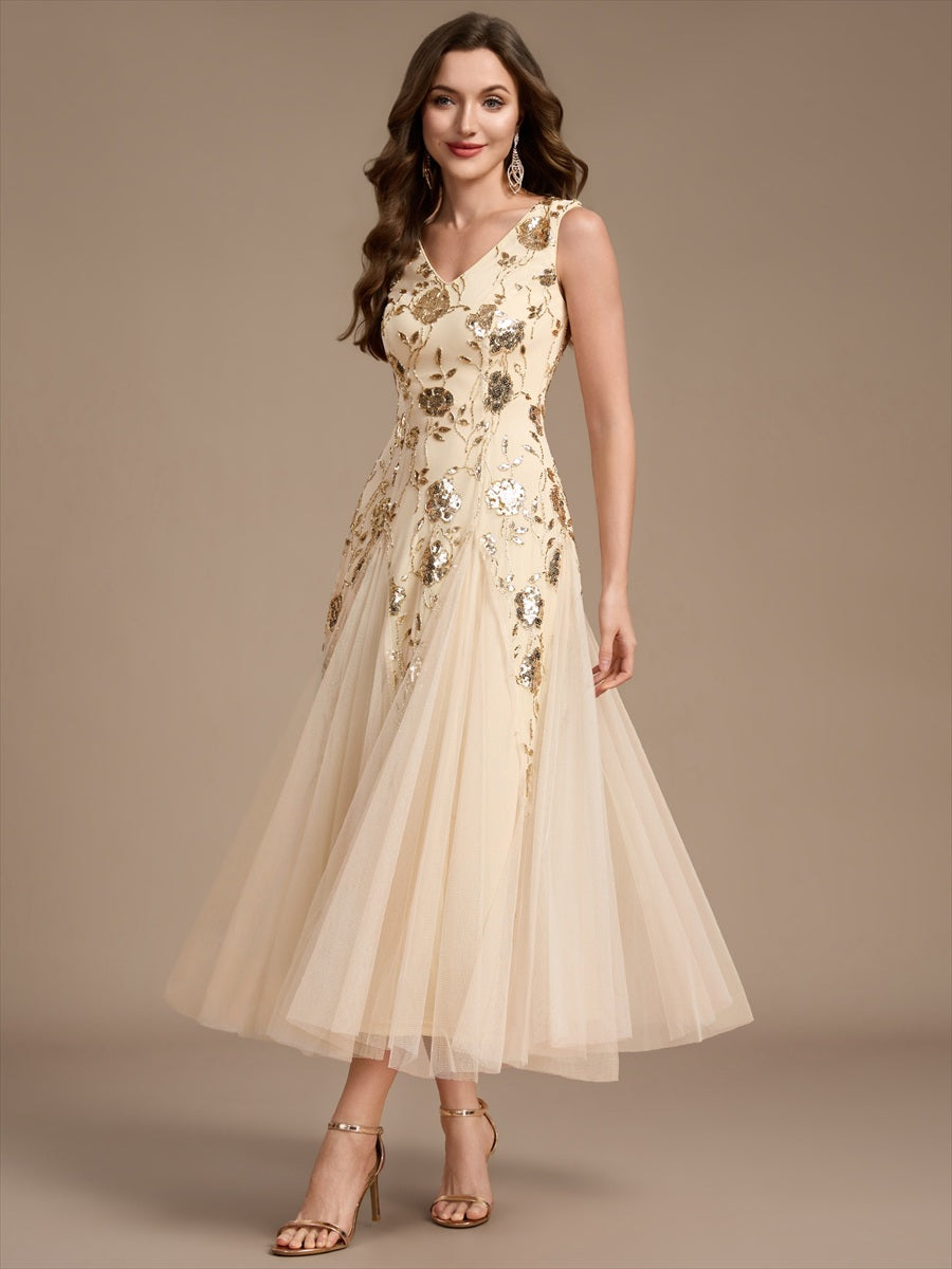 Beading Floral Sequins Sleeveless Wedding Guest Dress #color_Gold