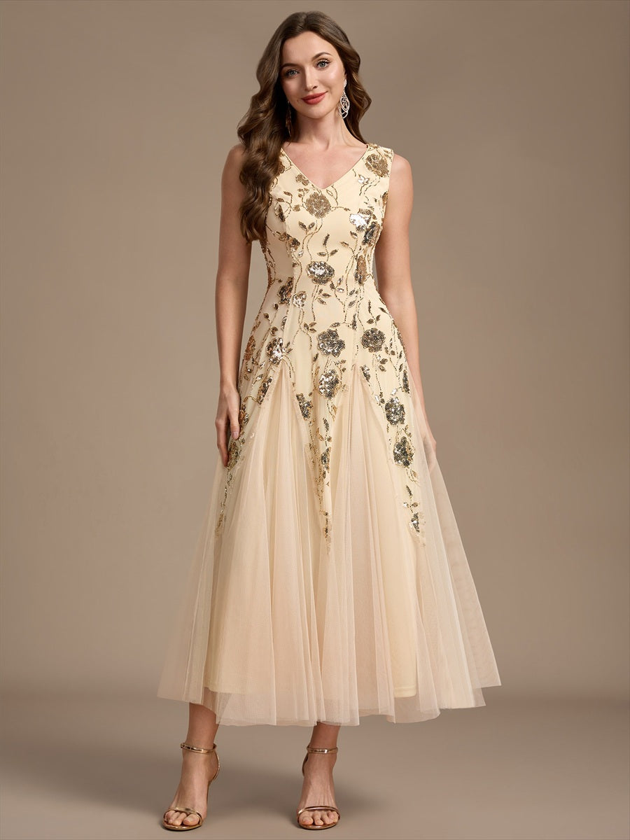 Beading Floral Sequins Sleeveless Wedding Guest Dress #color_Gold