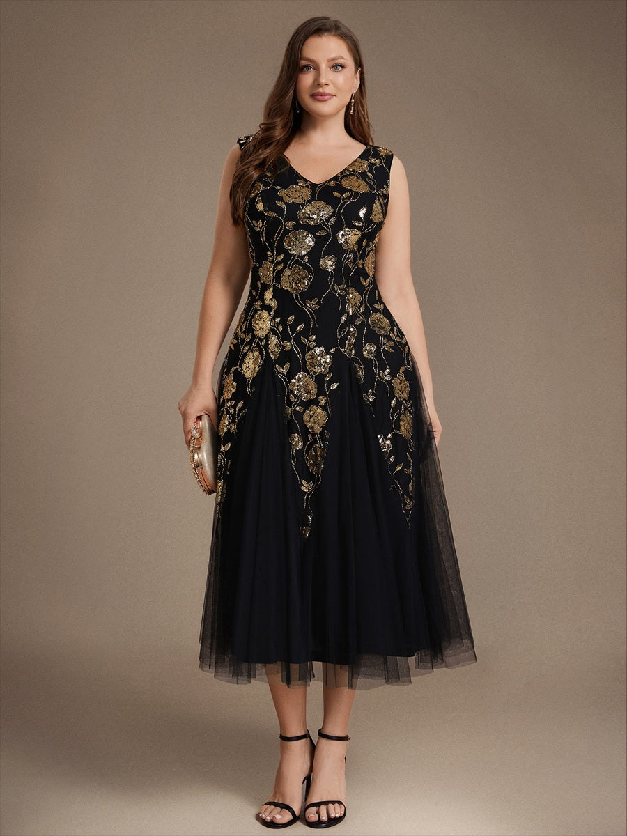 Beading Floral Sequins Sleeveless Wedding Guest Dress #color_Black & Gold