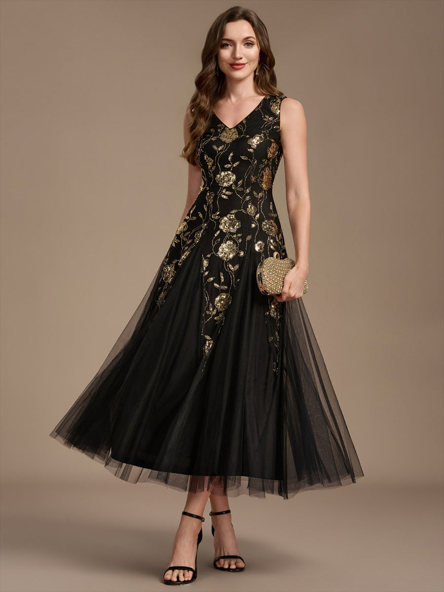 Beading Floral Sequins Sleeveless Wedding Guest Dress #color_Black & Gold