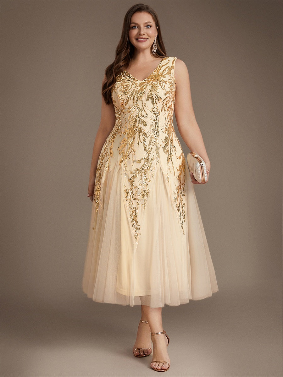 Sequin Sleeveless Midi Wedding Guest Dress #color_Gold