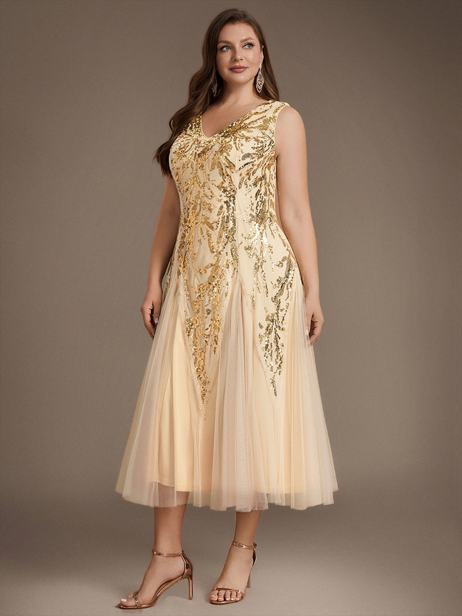 Sequin Sleeveless Midi Wedding Guest Dress #color_Gold