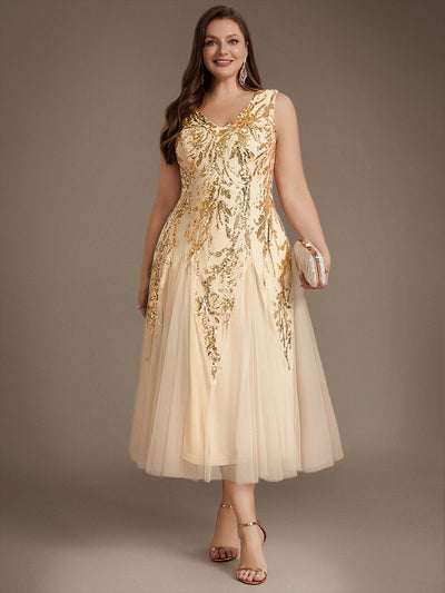 Plus Size Sequin Sleeveless Midi Wedding Guest Dress
