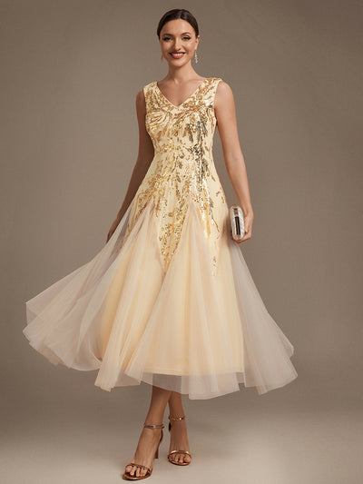 Sequin Sleeveless Midi Wedding Guest Dress