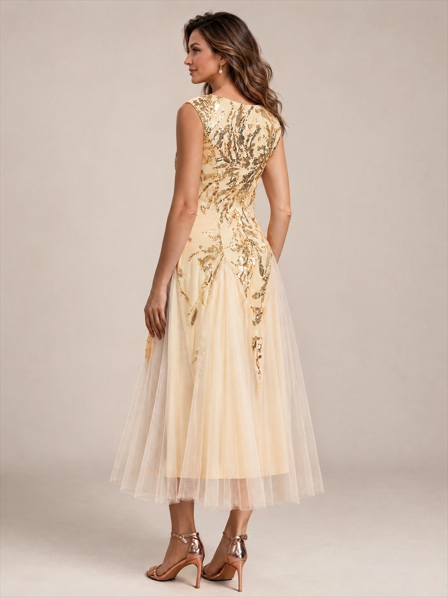 Sequin Sleeveless Midi Wedding Guest Dress #color_Gold