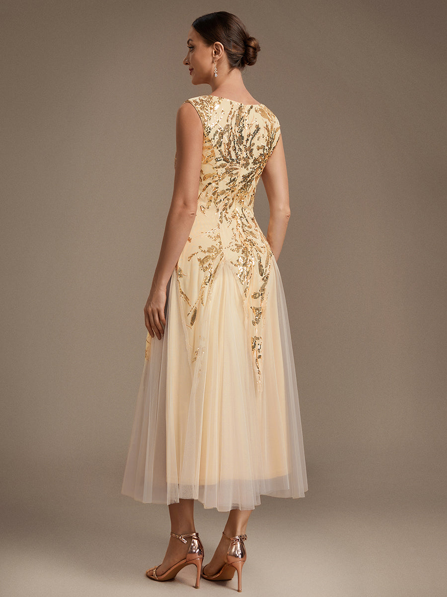 Sequin Sleeveless Midi Wedding Guest Dress #color_Gold