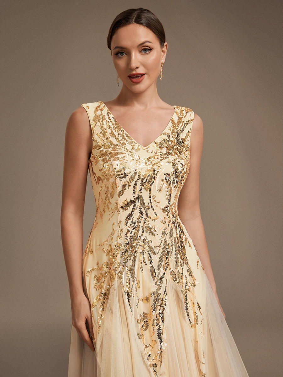 Sequin Sleeveless Midi Wedding Guest Dress #color_Gold
