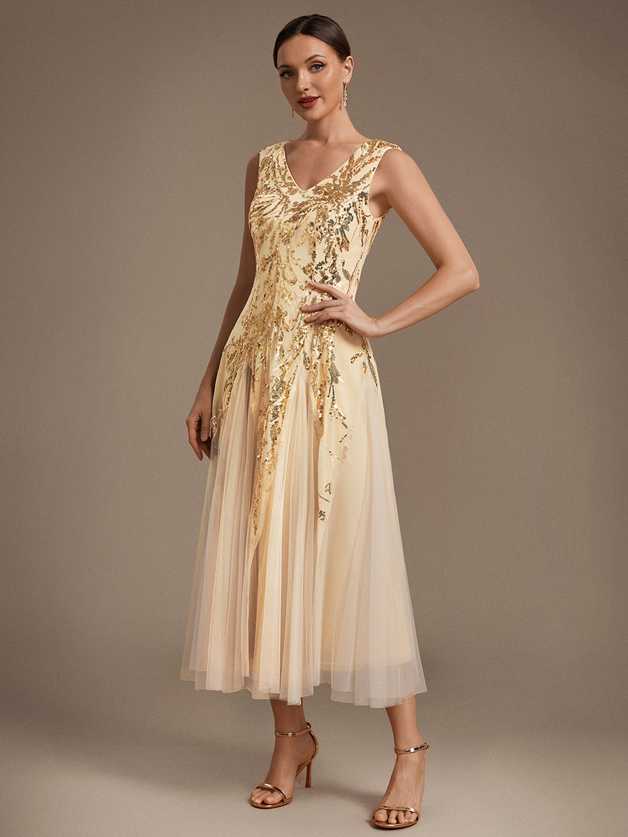 Sequin Sleeveless Midi Wedding Guest Dress #color_Gold