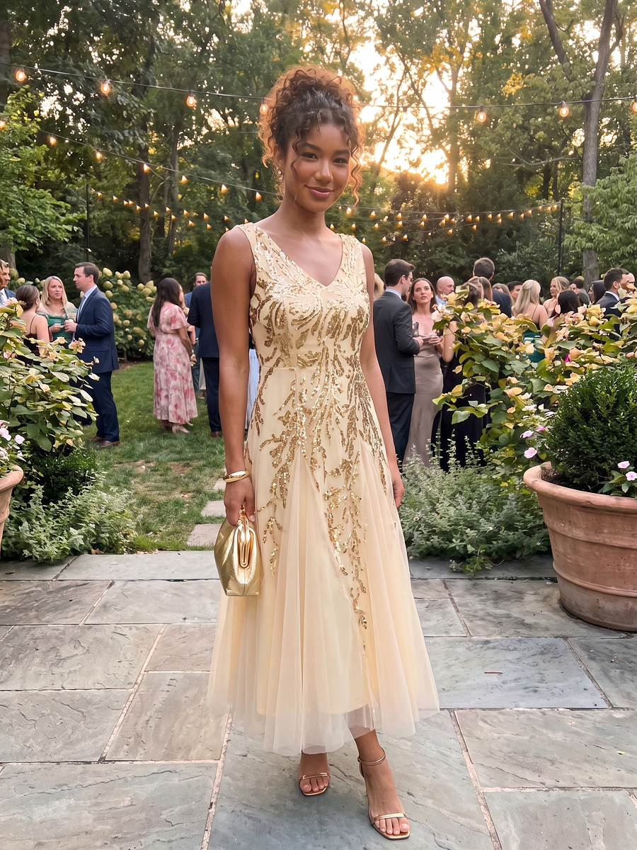 Sequin Sleeveless Midi Wedding Guest Dress #color_Gold