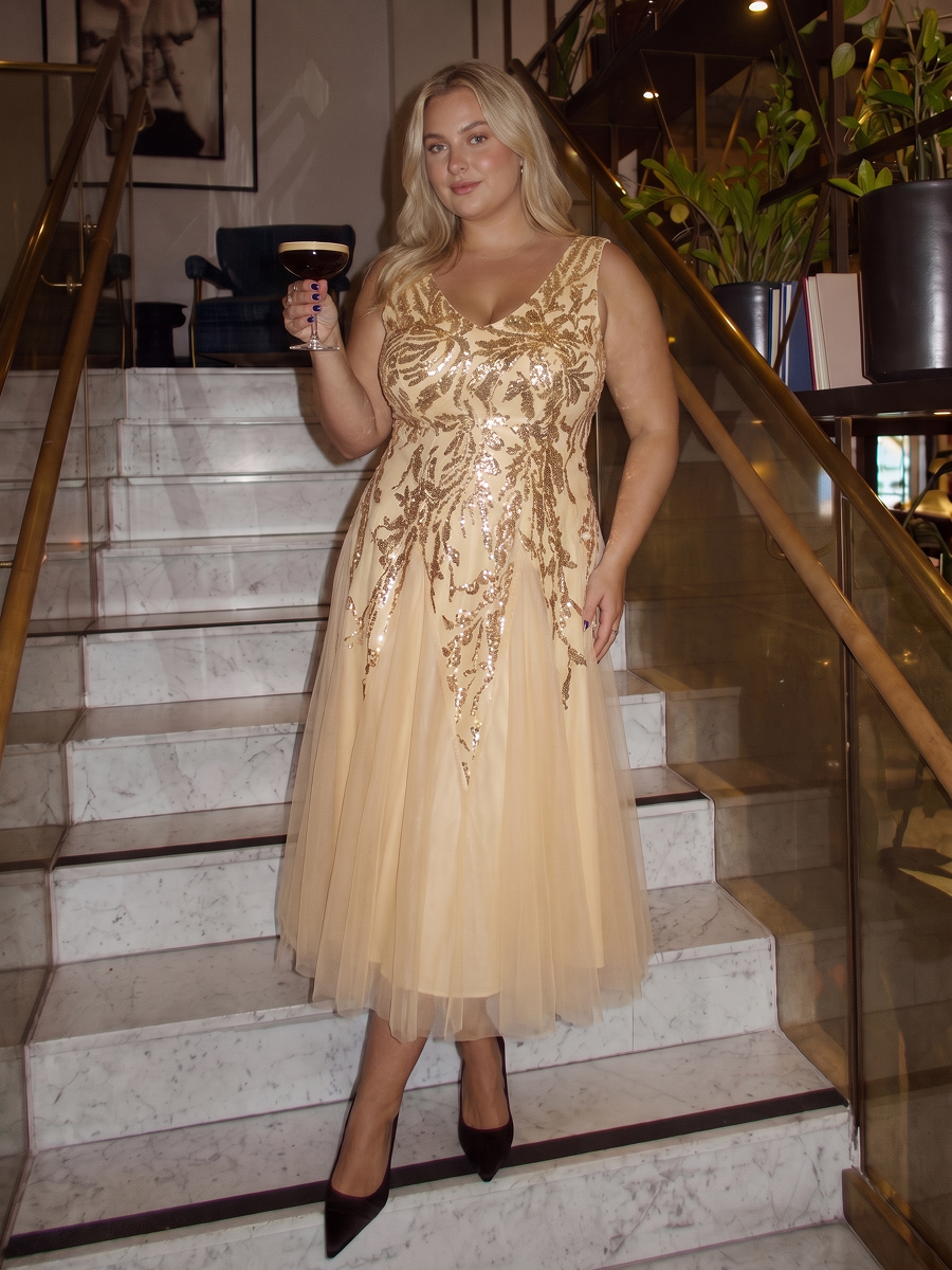 Sequin Sleeveless Midi Wedding Guest Dress #color_Gold