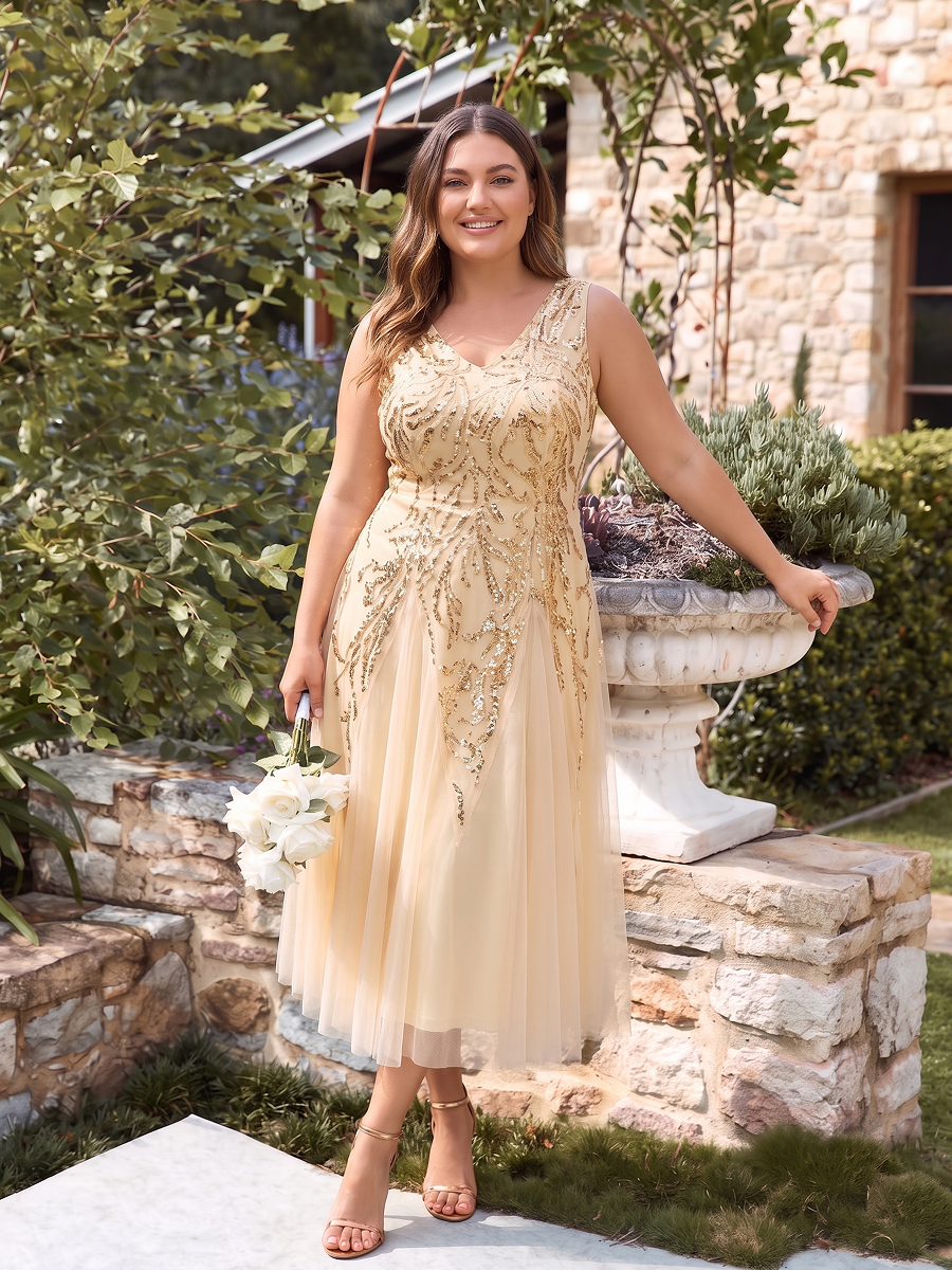 Plus Size Sequin Sleeveless Midi Wedding Guest Dress #color_Gold