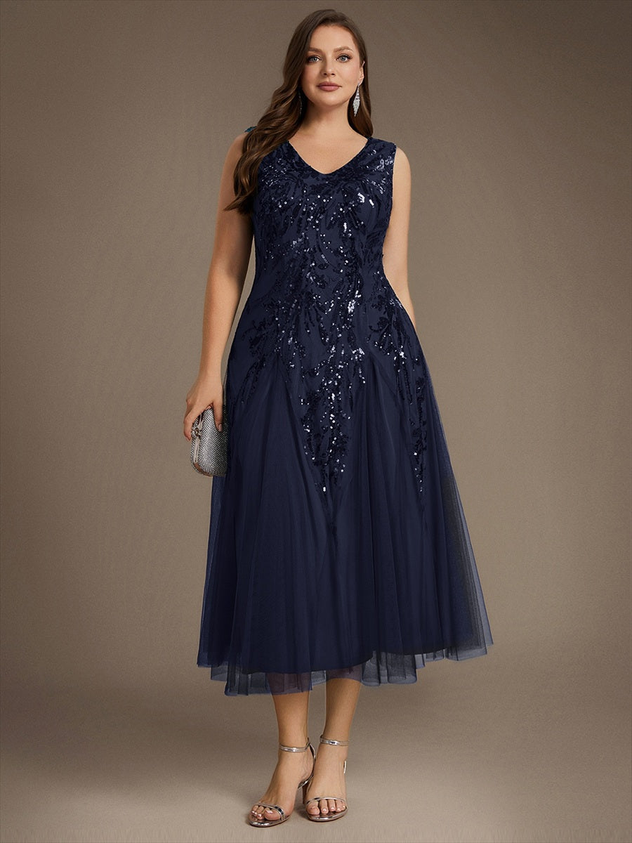 Sequin Sleeveless Midi Wedding Guest Dress #color_Navy Blue