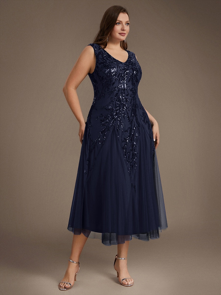 Plus Size Sequin Sleeveless Midi Wedding Guest Dress #color_Navy Blue