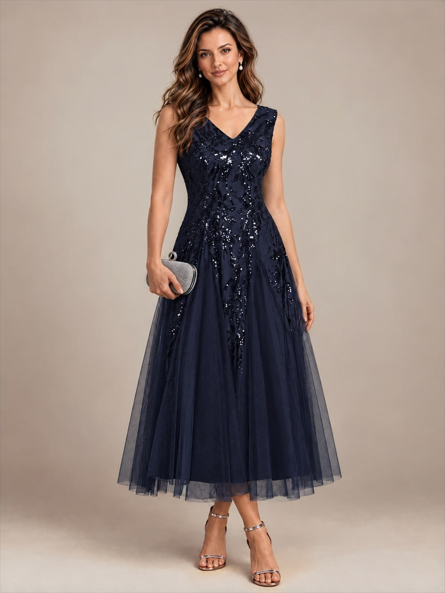Sequin Sleeveless Midi Wedding Guest Dress #color_Navy Blue