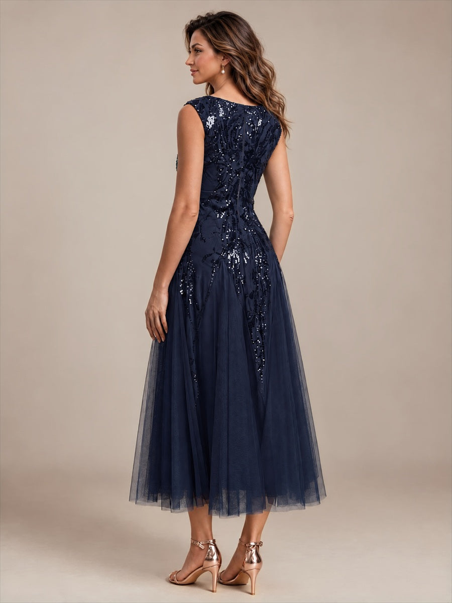 Sequin Sleeveless Midi Wedding Guest Dress #color_Navy Blue