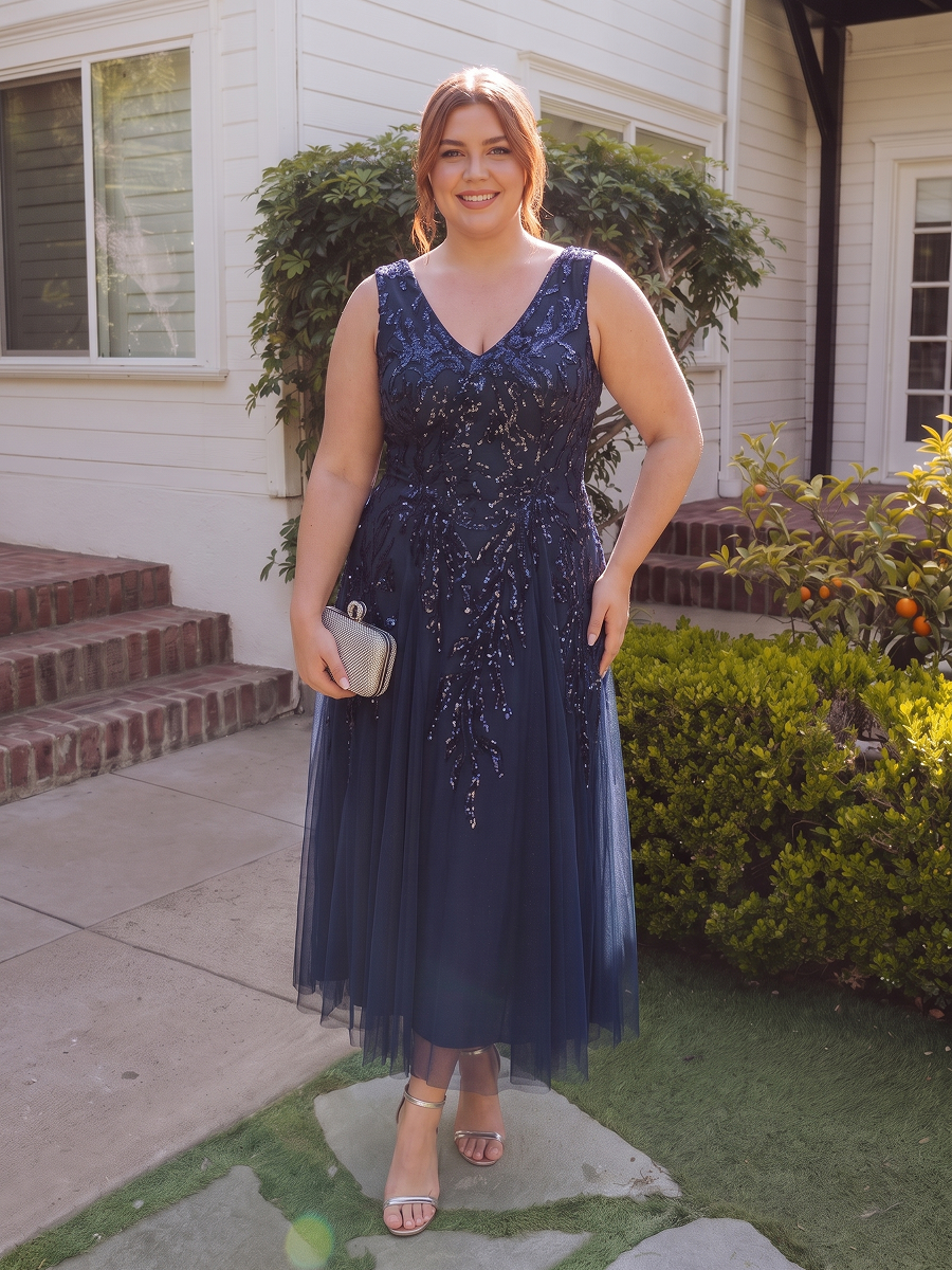 Sequin Sleeveless Midi Wedding Guest Dress #color_Navy Blue