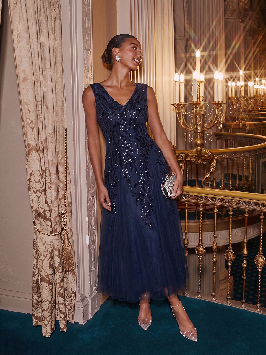 Sequin Sleeveless Midi Wedding Guest Dress #color_Navy Blue