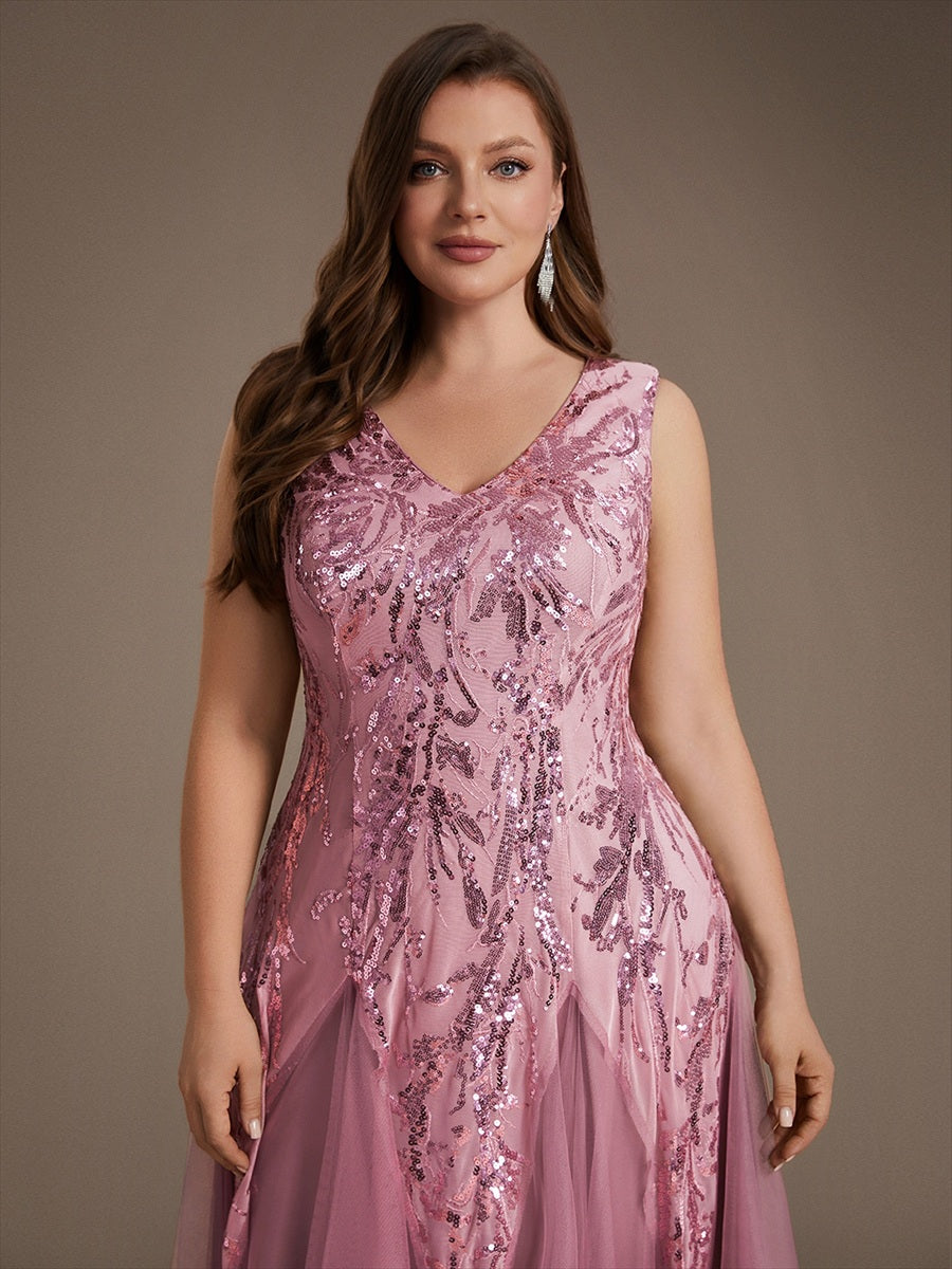 Plus Size Sequin Sleeveless Midi Wedding Guest Dress #color_Purple Orchid
