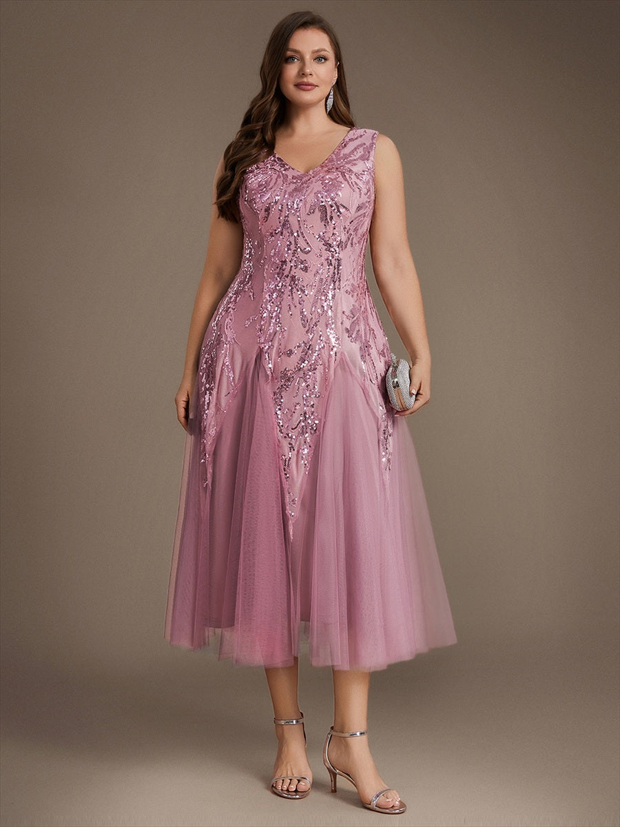 Plus Size Sequin Sleeveless Midi Wedding Guest Dress #color_Purple Orchid