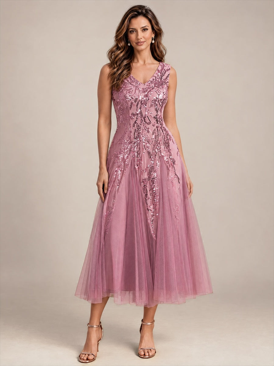 Sequin Sleeveless Midi Wedding Guest Dress #color_Purple Orchid