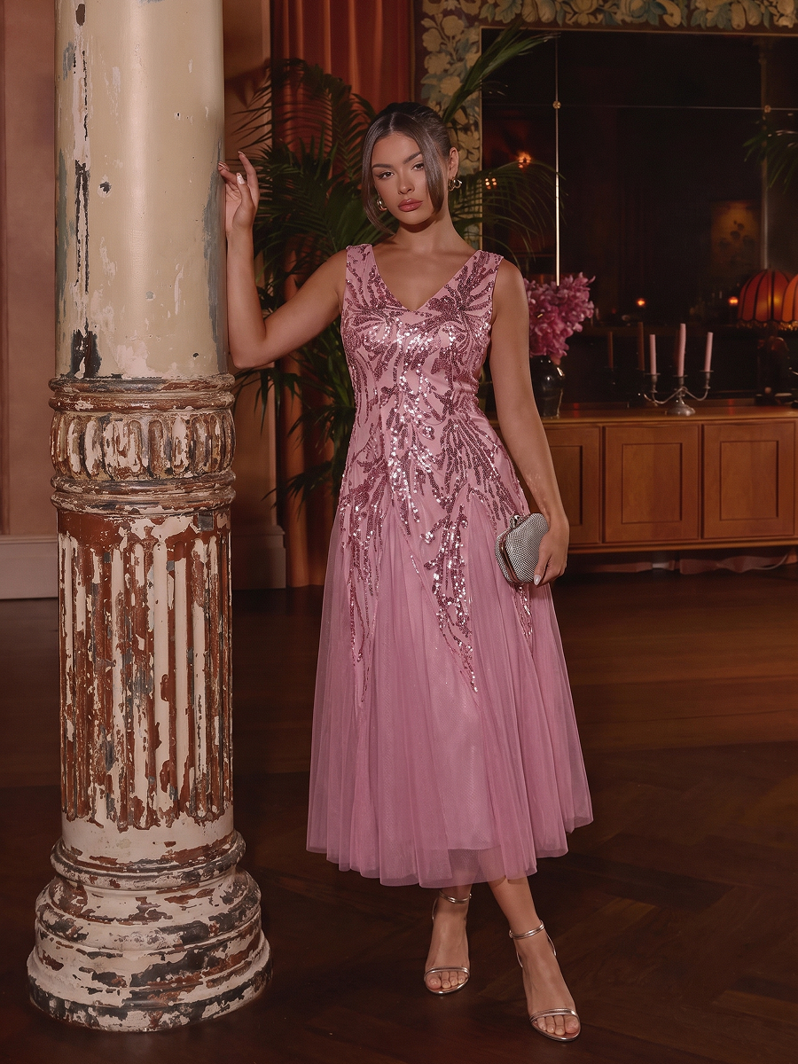 Sequin Sleeveless Midi Wedding Guest Dress #color_Purple Orchid