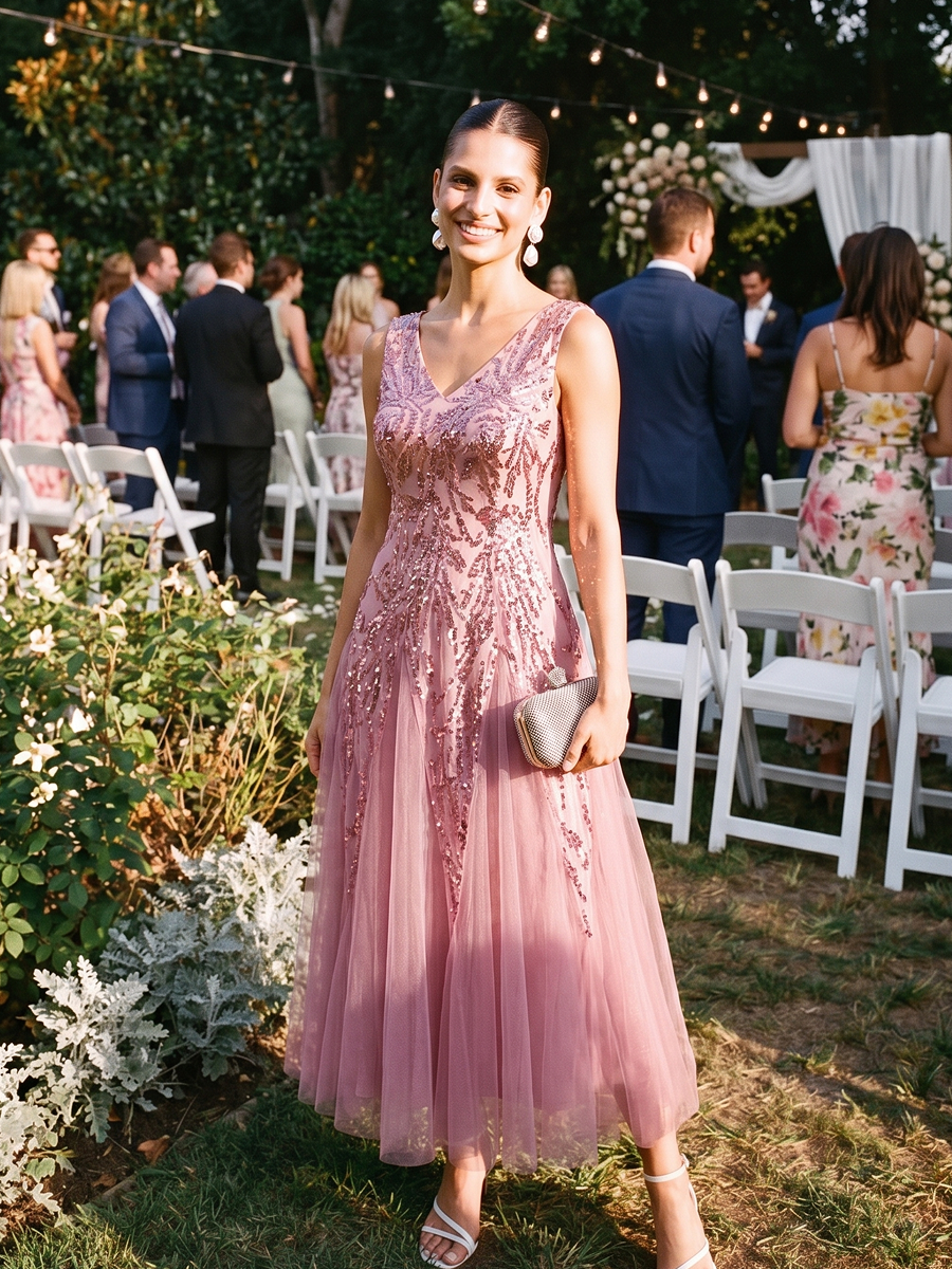 Sequin Sleeveless Midi Wedding Guest Dress #color_Purple Orchid