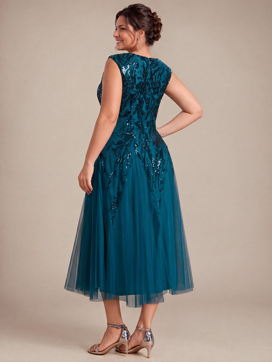 Sequin Sleeveless Midi Wedding Guest Dress #color_Teal