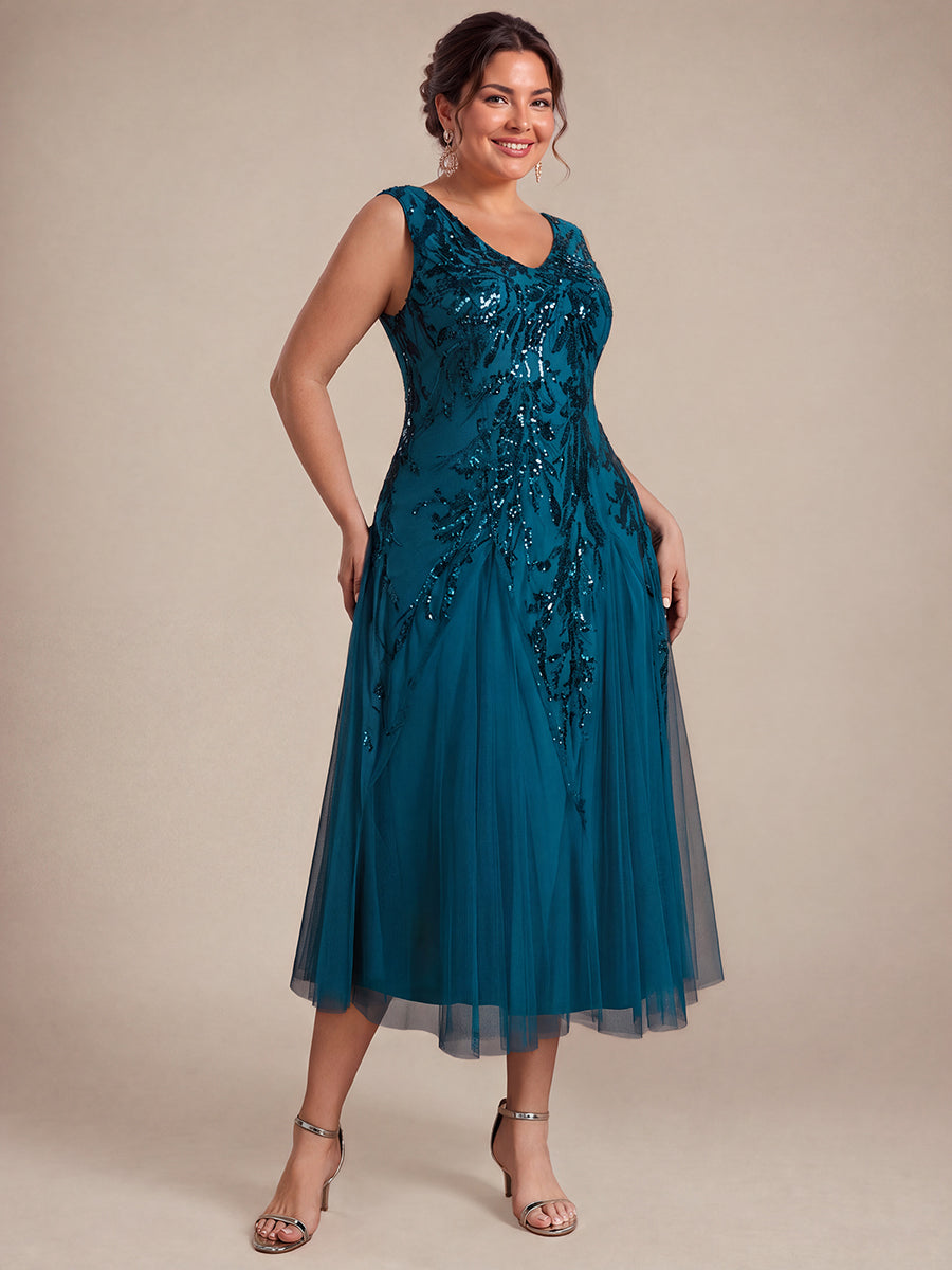 Sequin Sleeveless Midi Wedding Guest Dress #color_Teal