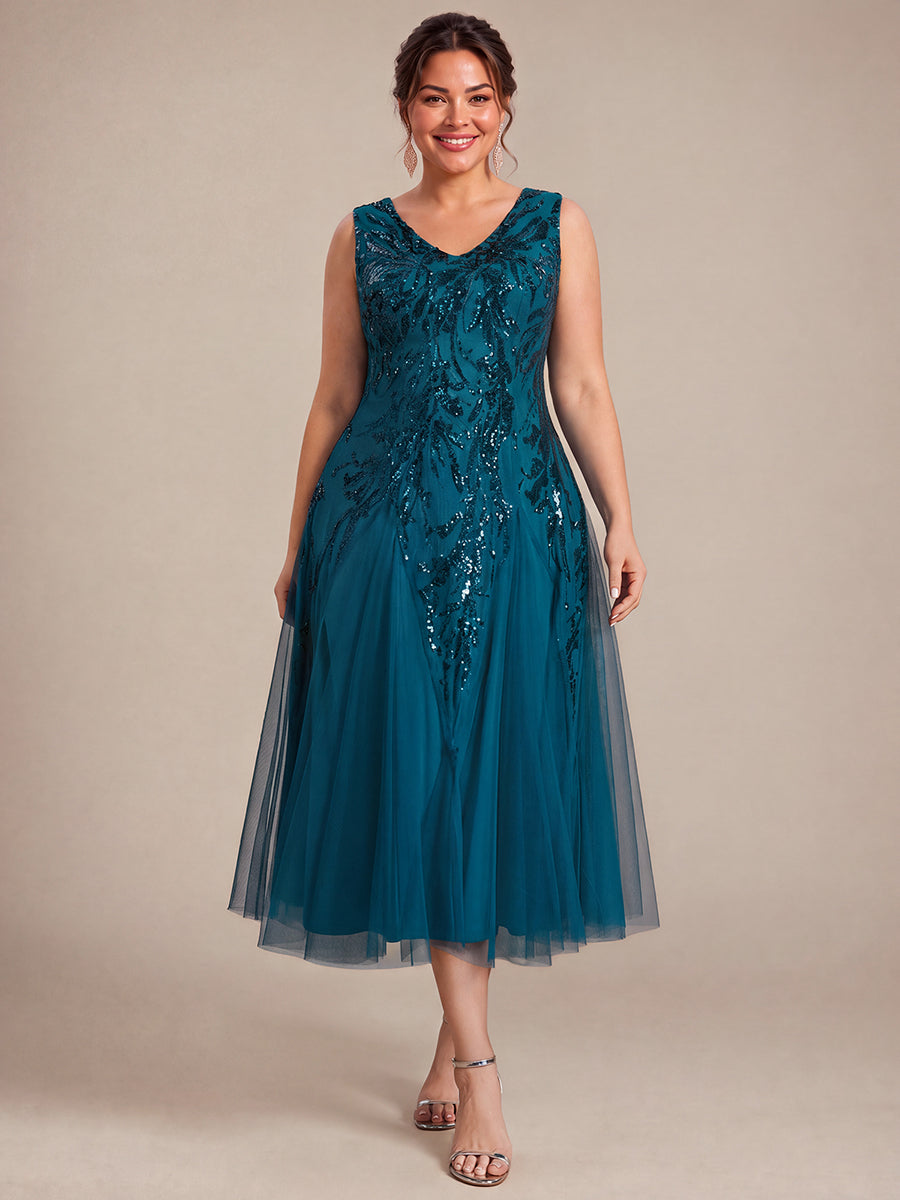 Sequin Sleeveless Midi Wedding Guest Dress #color_Teal