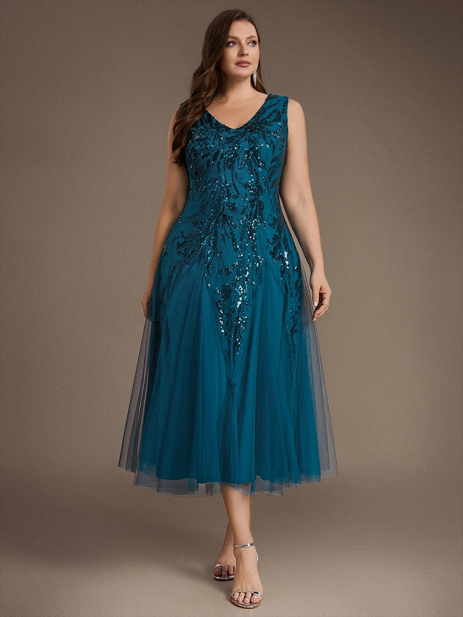 Plus Size Sequin Sleeveless Midi Wedding Guest Dress #color_Teal
