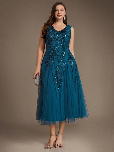 Plus Size Sequin Sleeveless Midi Wedding Guest Dress