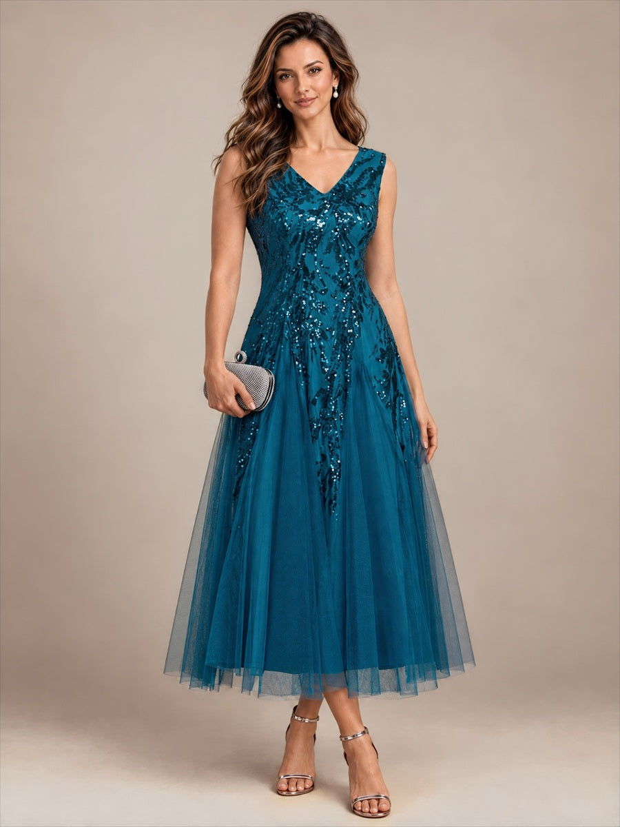 Sequin Sleeveless Midi Wedding Guest Dress #color_Teal