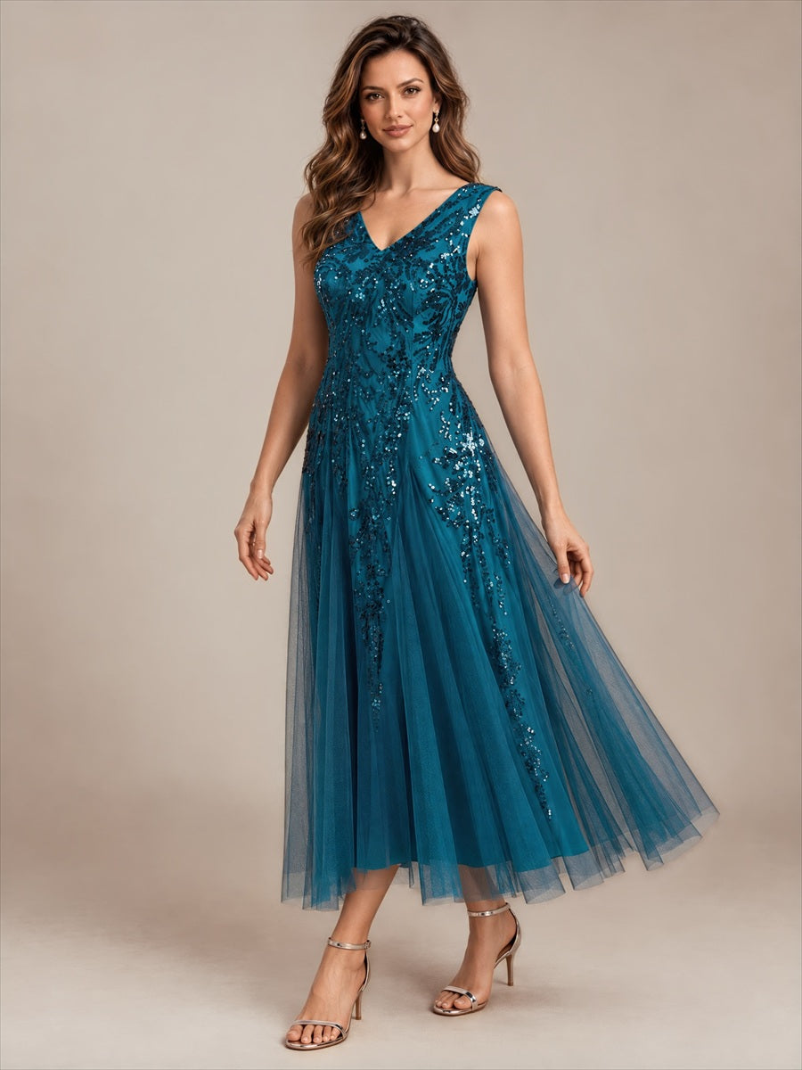 Sequin Sleeveless Midi Wedding Guest Dress #color_Teal