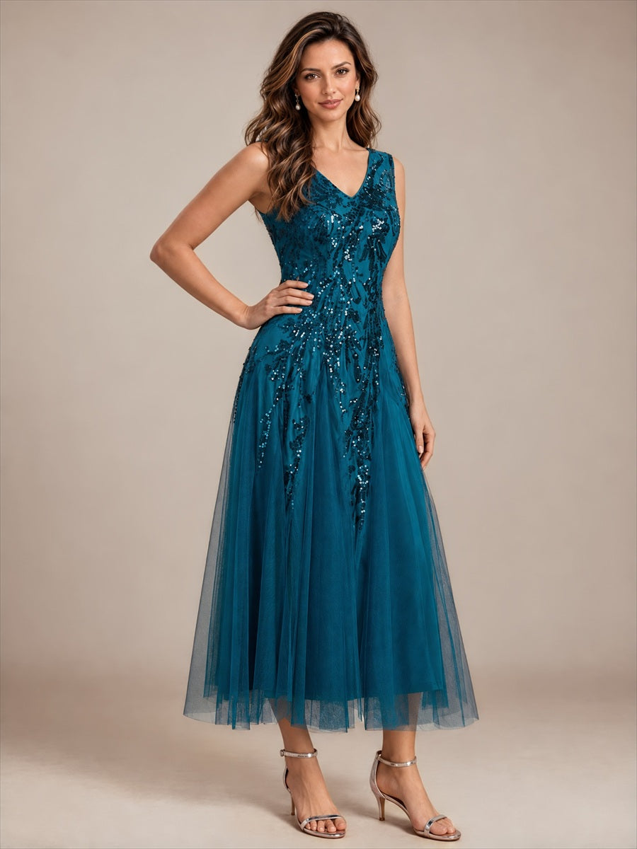 Sequin Sleeveless Midi Wedding Guest Dress #color_Teal