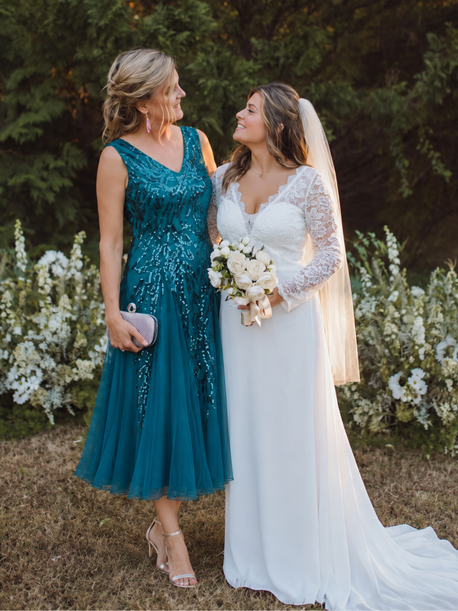 Sequin Sleeveless Midi Wedding Guest Dress #color_Teal