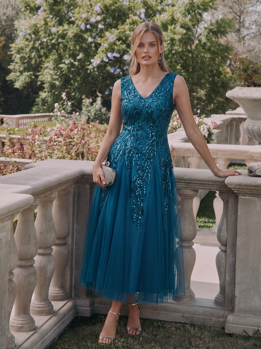 Sequin Sleeveless Midi Wedding Guest Dress #color_Teal