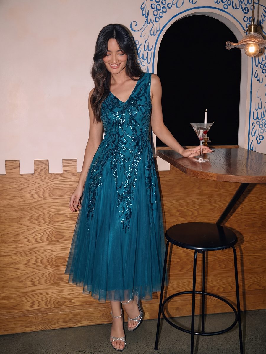 Sequin Sleeveless Midi Wedding Guest Dress #color_Teal