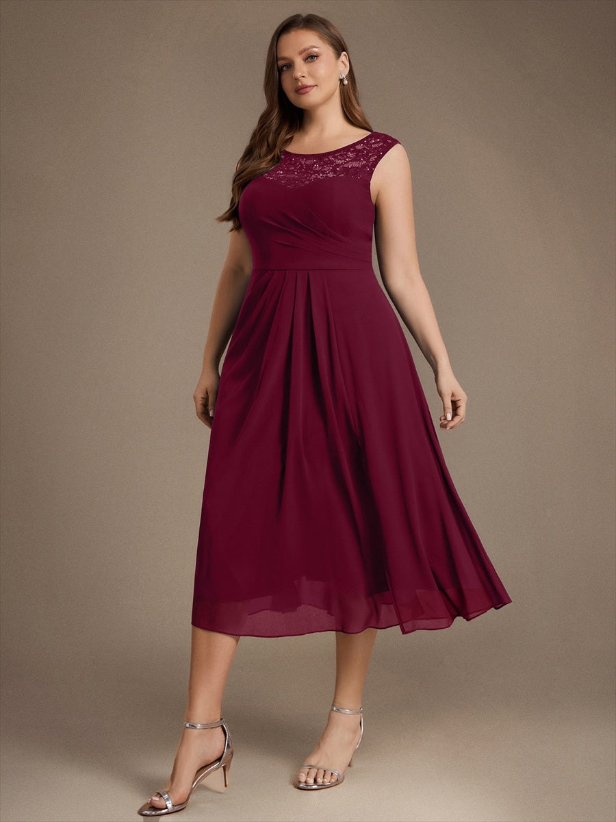 Sequin Lace Chiffon Sleeveless Wedding Guest Dress #color_Burgundy
