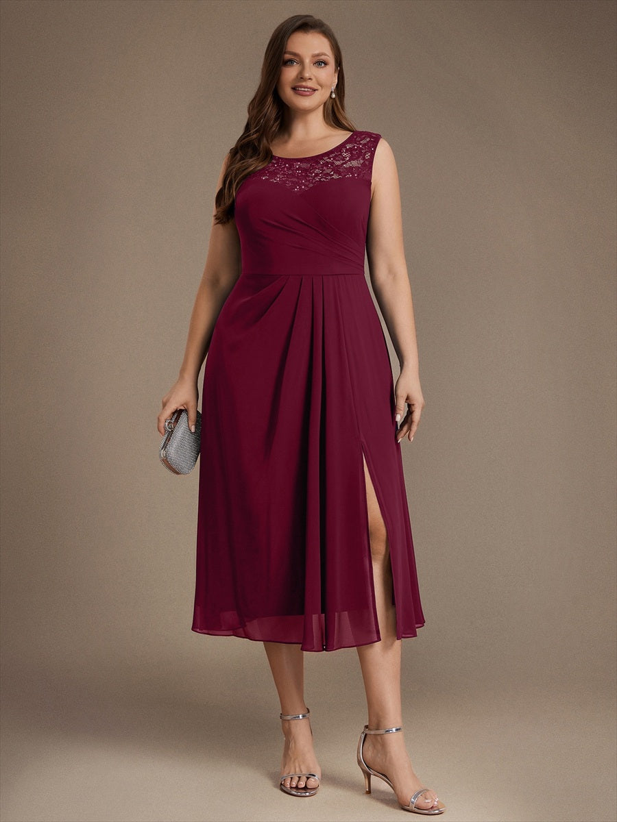 Sequin Lace Chiffon Sleeveless Wedding Guest Dress #color_Burgundy
