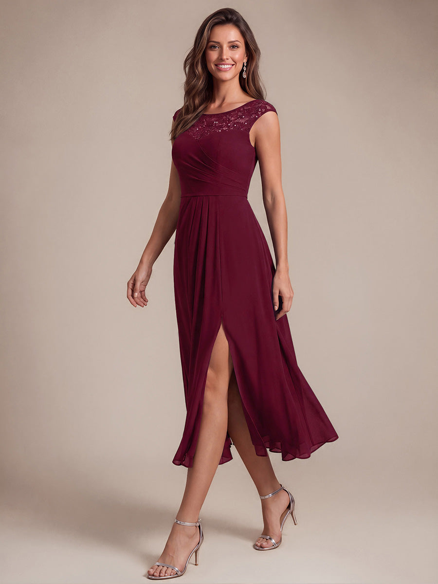 Sequin Lace Chiffon Sleeveless Wedding Guest Dress #color_Burgundy