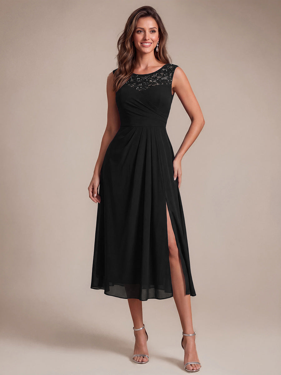 Sequin Lace Chiffon Sleeveless Wedding Guest Dress #color_Black