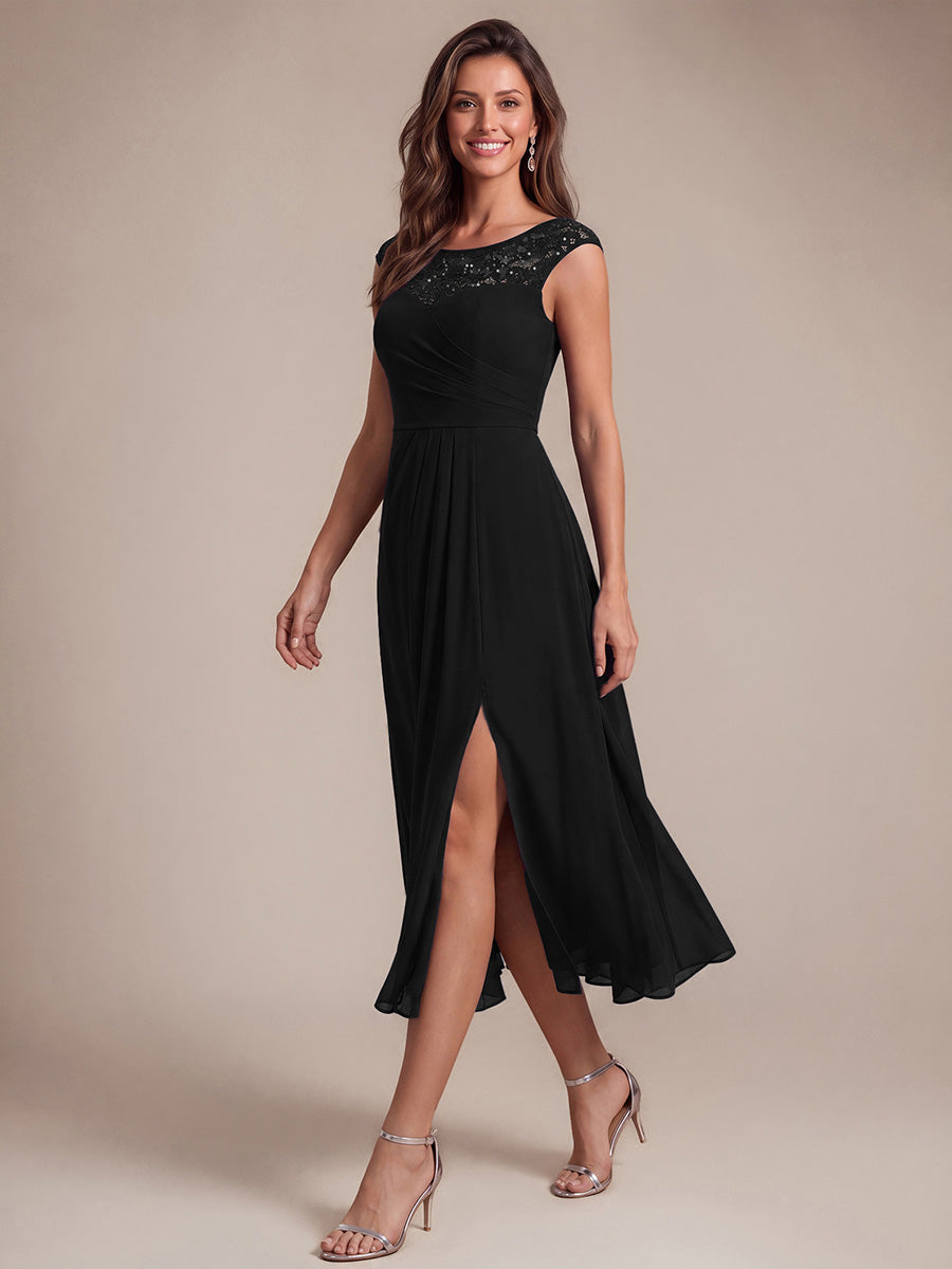 Sequin Lace Chiffon Sleeveless Wedding Guest Dress #color_Black