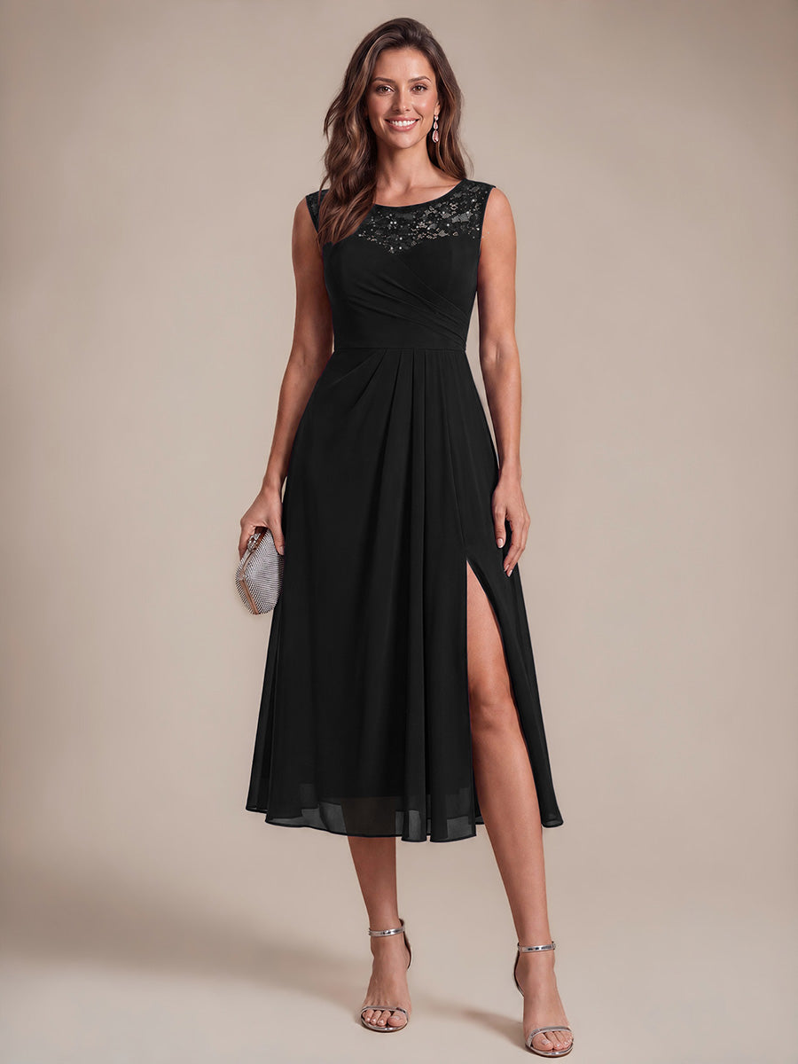 Sequin Lace Chiffon Sleeveless Wedding Guest Dress #color_Black